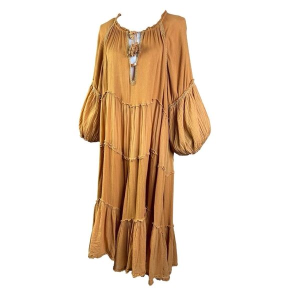 Free People In the Moment Dress M Mustard Yellow Oversized Tiered Boho Shift - Picture 4 of 13